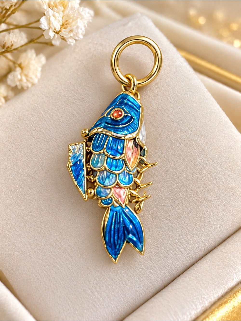 Gold-Plated Blue Fish pendant with Enamel Accents